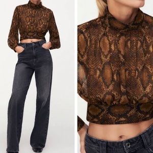 ZARA Brown Snakeskin Cropped High Neck Blouse Size Small